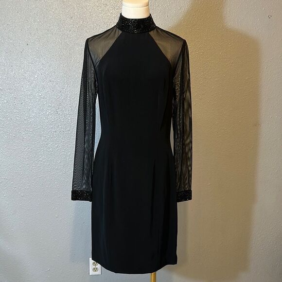 Vintage Oleg Cassini black Tie Elegant Black Dress with Sheer Sleeves size 8 - Picture 1 of 12